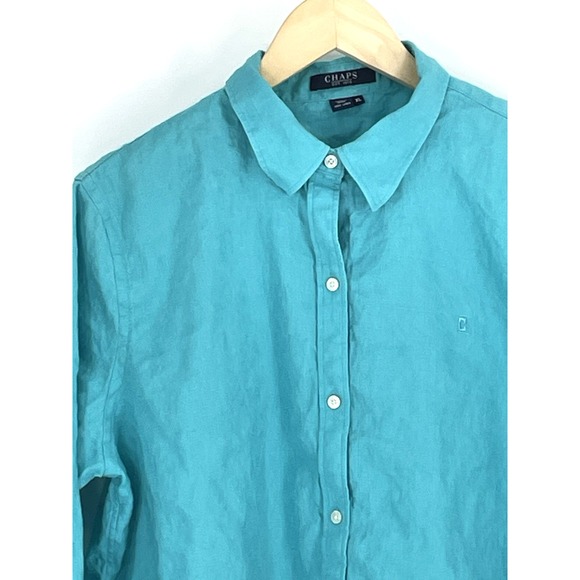 Chaps Women's Shirt Size XL Teal 100% Linen Button Down 3/4 Sleeve - Picture 2 of 10